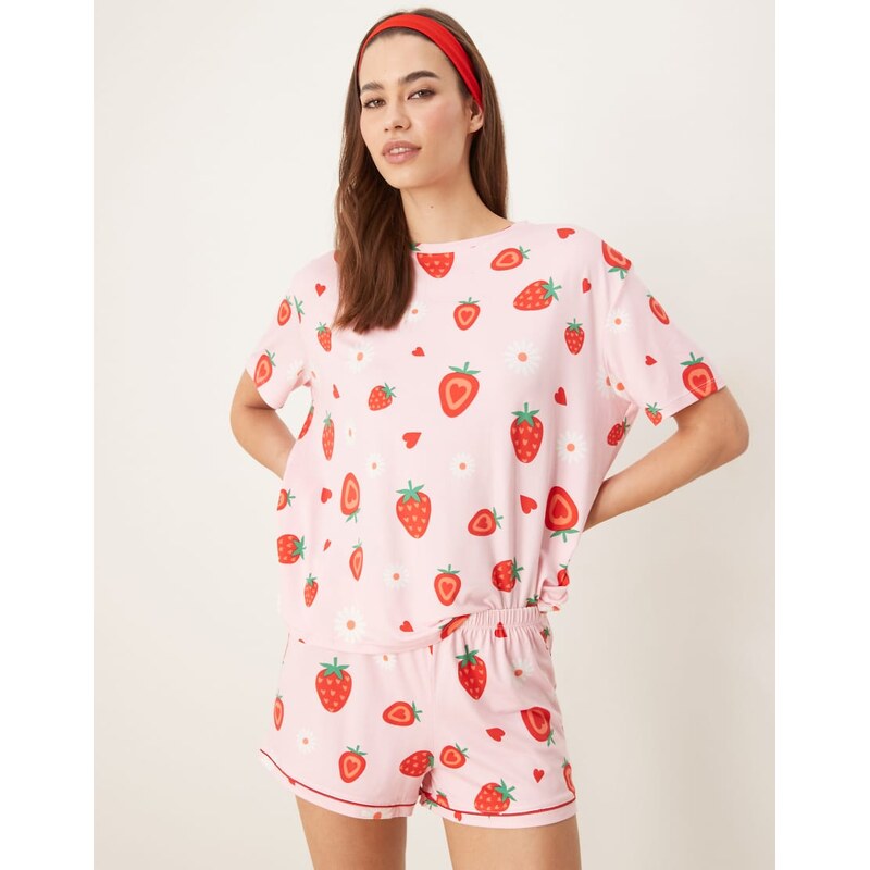 Urban Threads oversized pyjama top and shorts in strawberry print 113260117