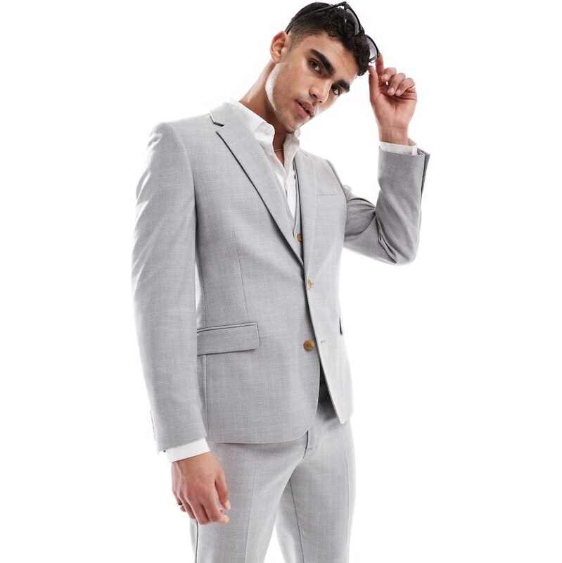 ASOS DESIGN linen blend skinny suit jacket in grey tonal check