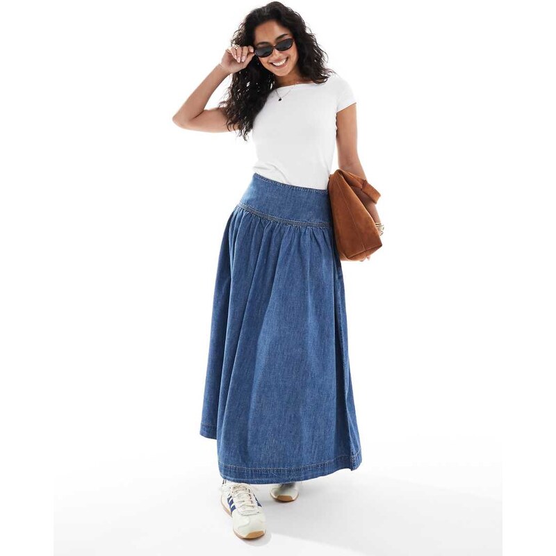 ASOS DESIGN denim drop waist maxi skirt with linen in midwash blue 105880640