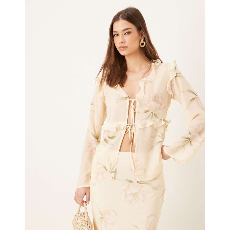 Pretty Lavish textured chiffon ruffle top co-ord in cream floral
