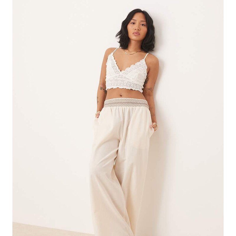 ASOS Petite ASOS DESIGN Petite linen blend pull on wide leg trousers 107244009