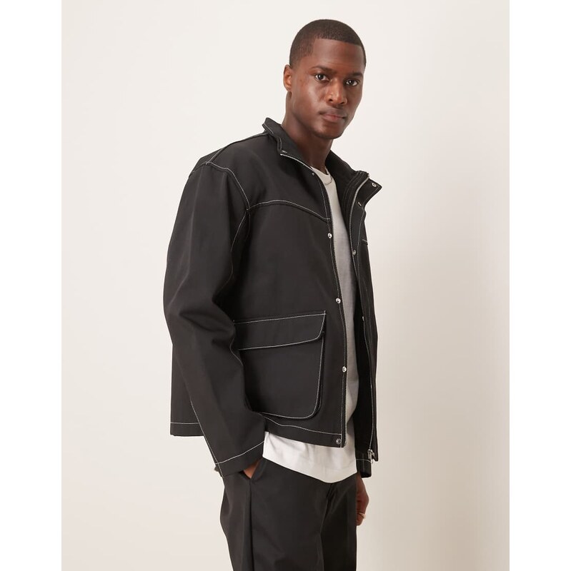 ASOS DESIGN harrington jacket with contrast stitch in black - NAVY