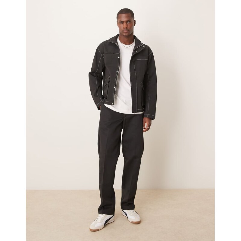 ASOS DESIGN harrington jacket with contrast stitch in black - NAVY