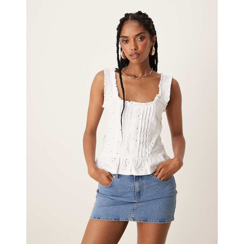 ASOS DESIGN broderie frill hem button down vest in white 105877075