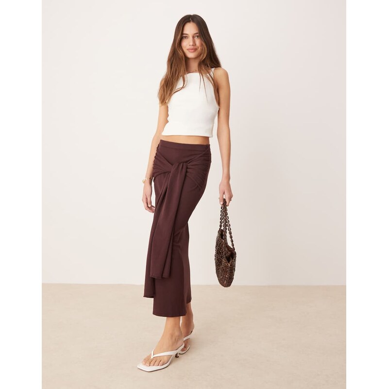 Mango gathered tie waist detail skirt in dark brown 105858611