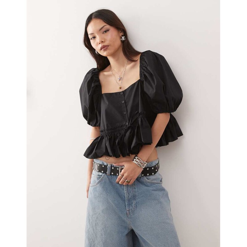 Monki puff sleeve milkmaid peplum blouse in black 106005374