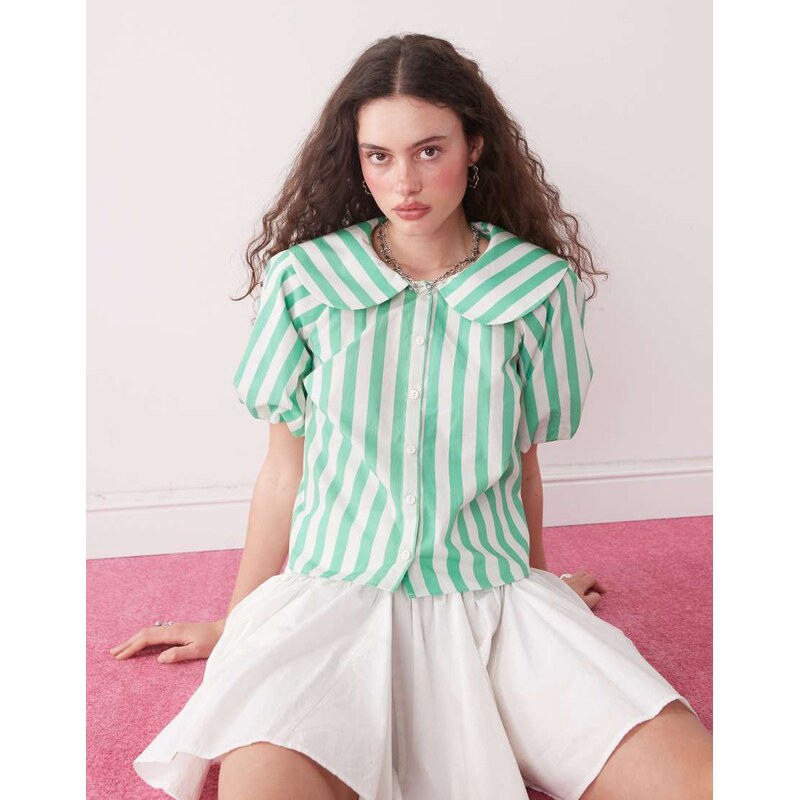 Reclaimed Vintage short sleeve shirt with peter pan collar in green 105889616