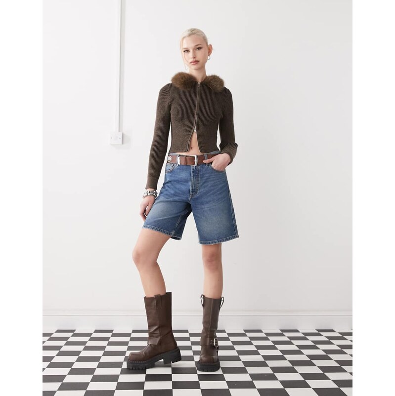 COLLUSION denim loose jort in midwash-Blue 106566946