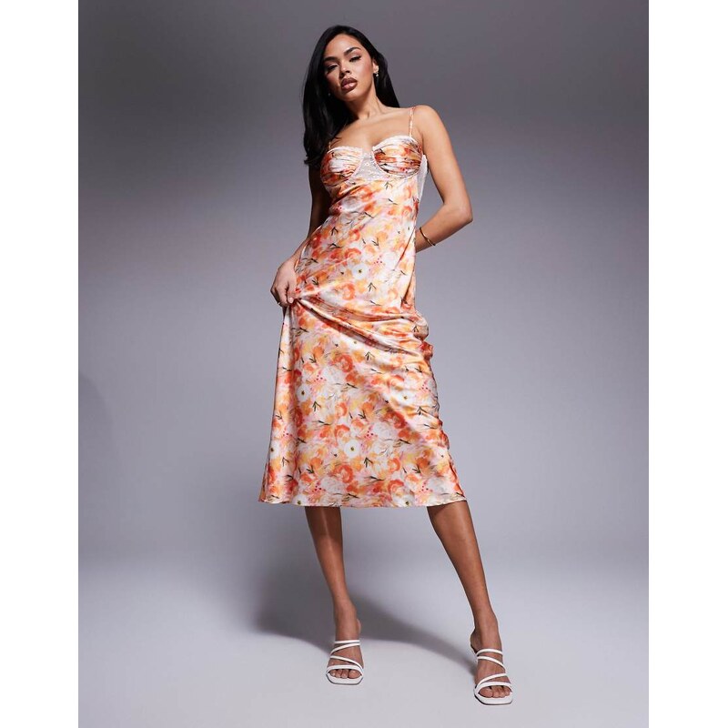 Love Triangle satin maxi dress with lace trim cups in coral print 105877201