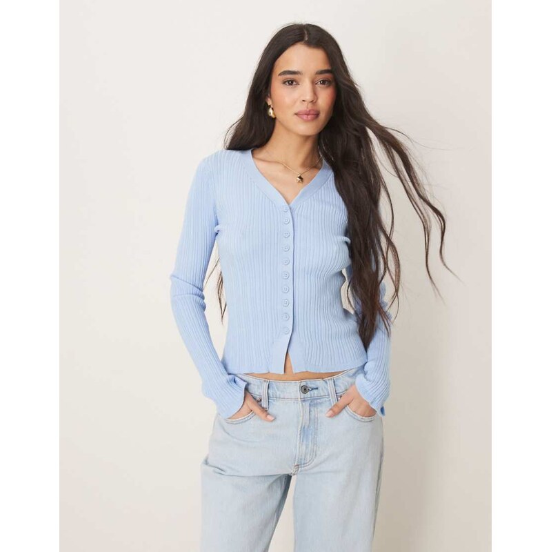 ASOS DESIGN button front v neck cardigan with frill in rib in
