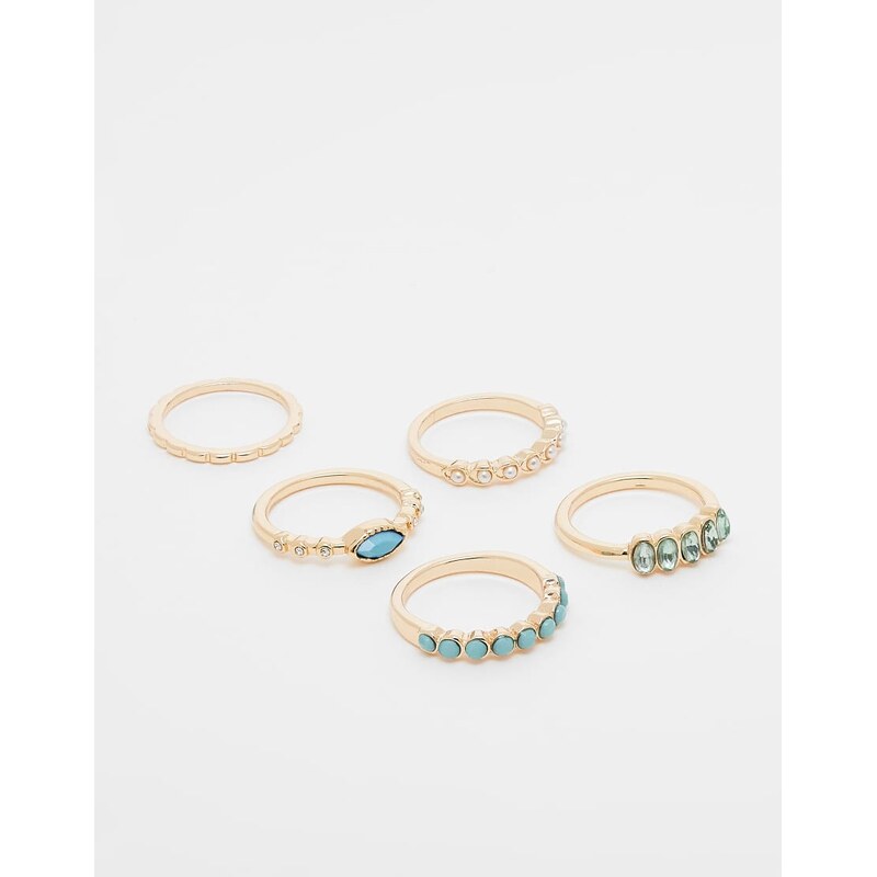 ASOS DESIGN multipack mix of rings with blue stone and faux pearl in 105877380