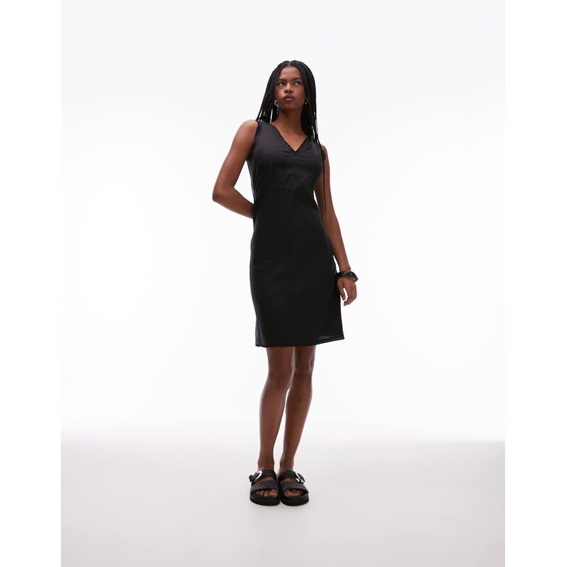 ARKET linen rich v-neck midi shift dress with frill trim in black 105877400