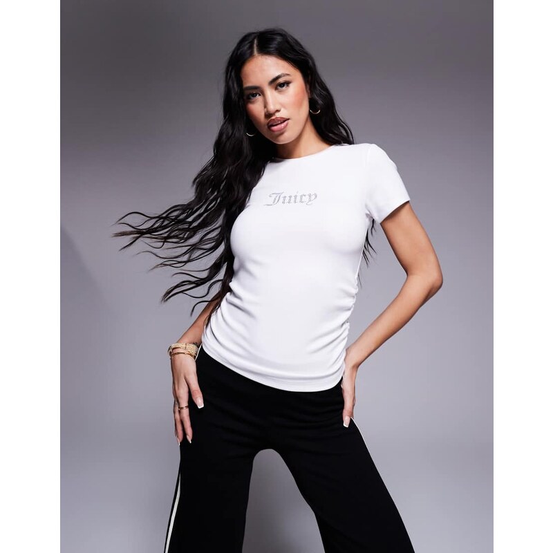 Juicy Couture diamante logo ruched t-shirt in white 107944680