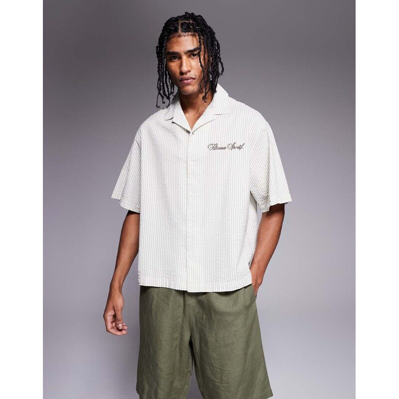 ASOS DESIGN boxy oversized shirt in striped seersucker in sage