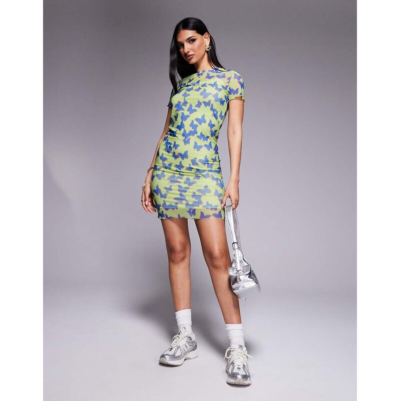Hugo Blue mesh print short sleeve dress in green with butterfly print 105985520