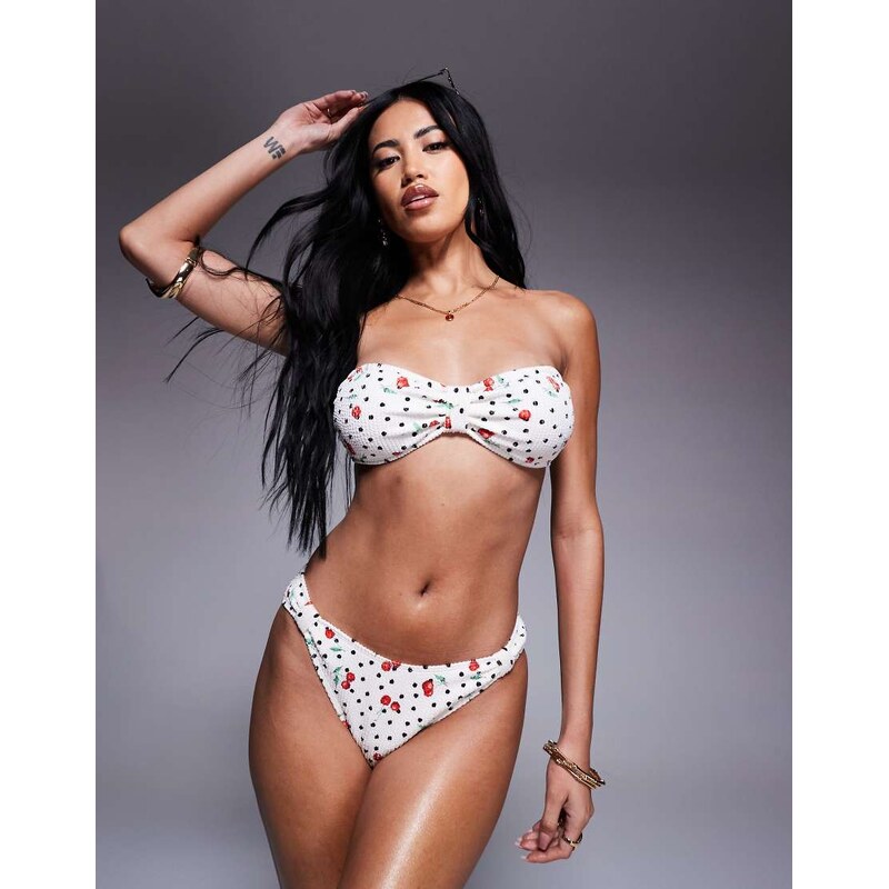 River Island cherry print crinkle bikini bottom in white 105884832