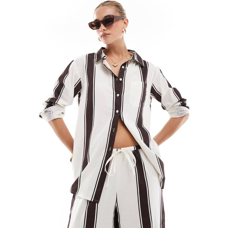 Esmee Exclusive short sleeve beach shirt in brown and cream stripe 105981672