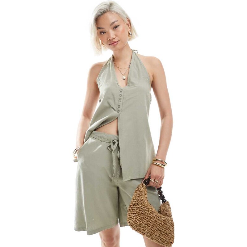 Vero Moda halter neck waistcoat co-ord in sea grass green