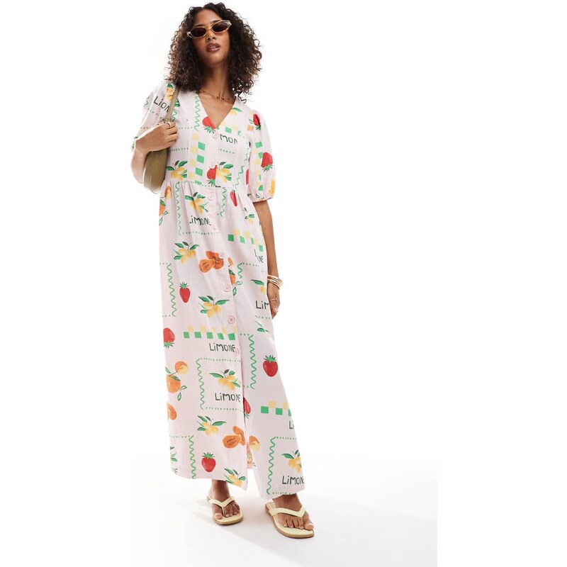 Pieces puff sleeve button frontmaxi dress in pale pink based fruit 105882436