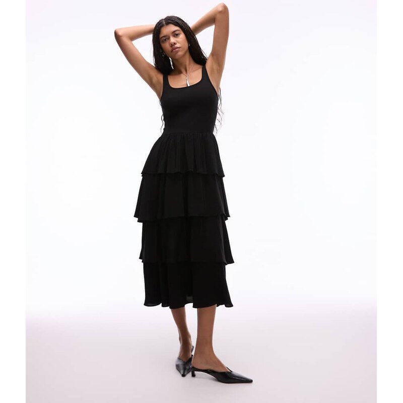 & Other Stories sleeveless midaxi dress with floaty ruffles in black 105882504