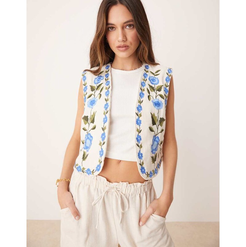 YAS Festival boho floral embroidered open waistcoat in cream and blue 105882535