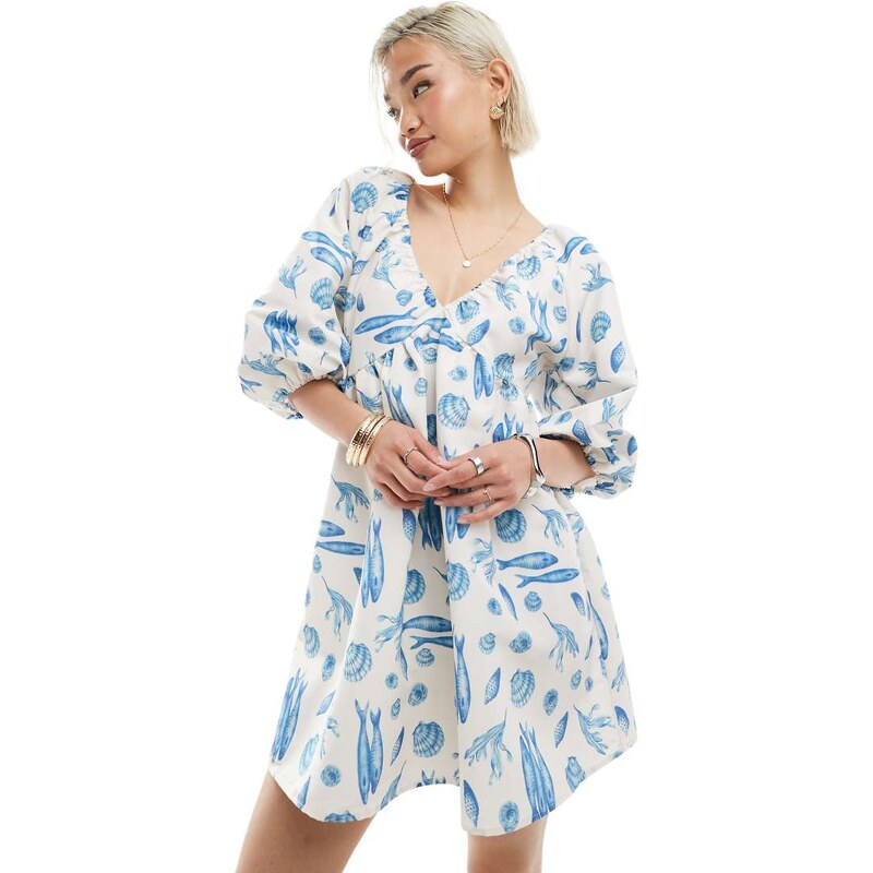 Vero Moda blouson sleeve mini dress in blue sealife print-White 115094085