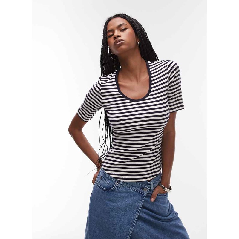 ARKET jersey ribbed t-shirt top with scoop neck in blue stripes-Multi 105882585