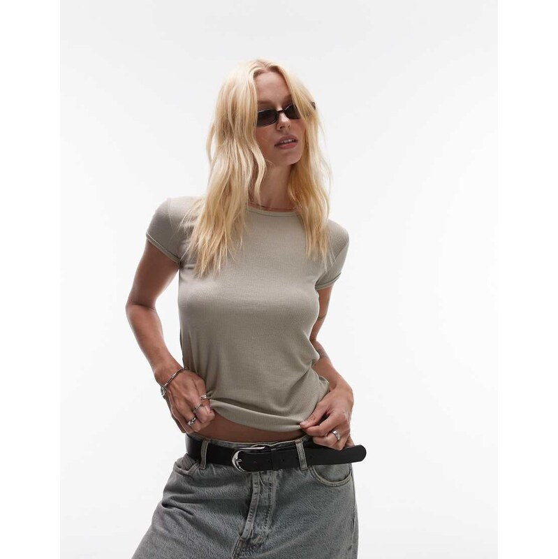 Topshop premium rib short sleeve tee in khaki-Green 105882280