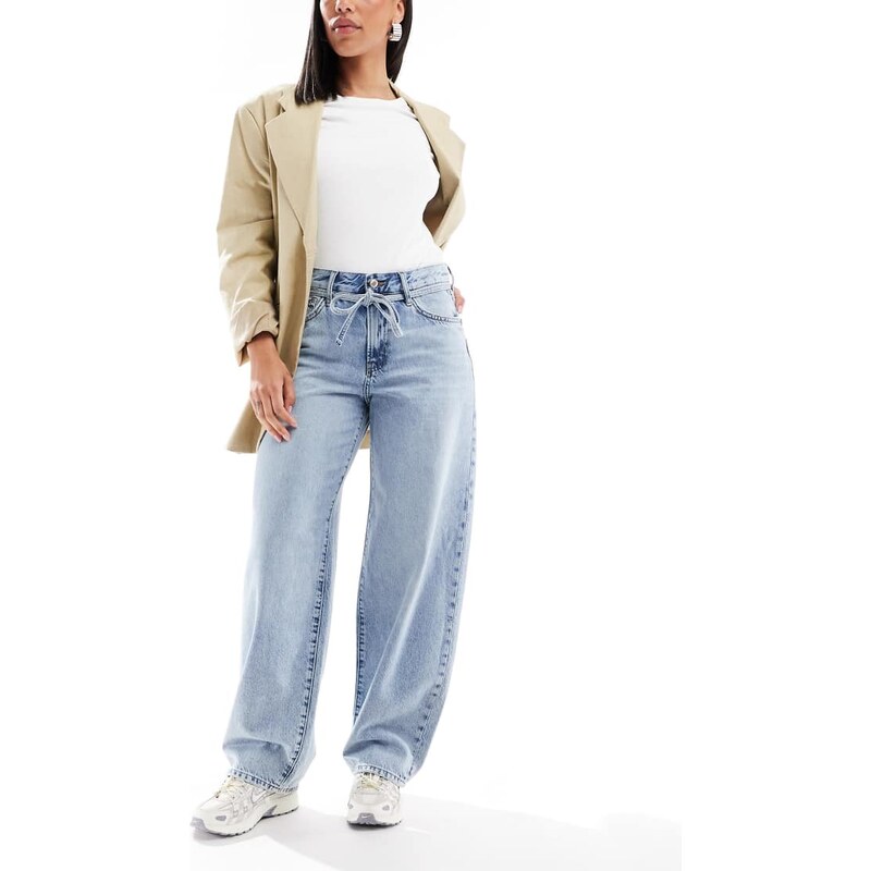ONLY Gianna tie waist straight leg jeans in light blue