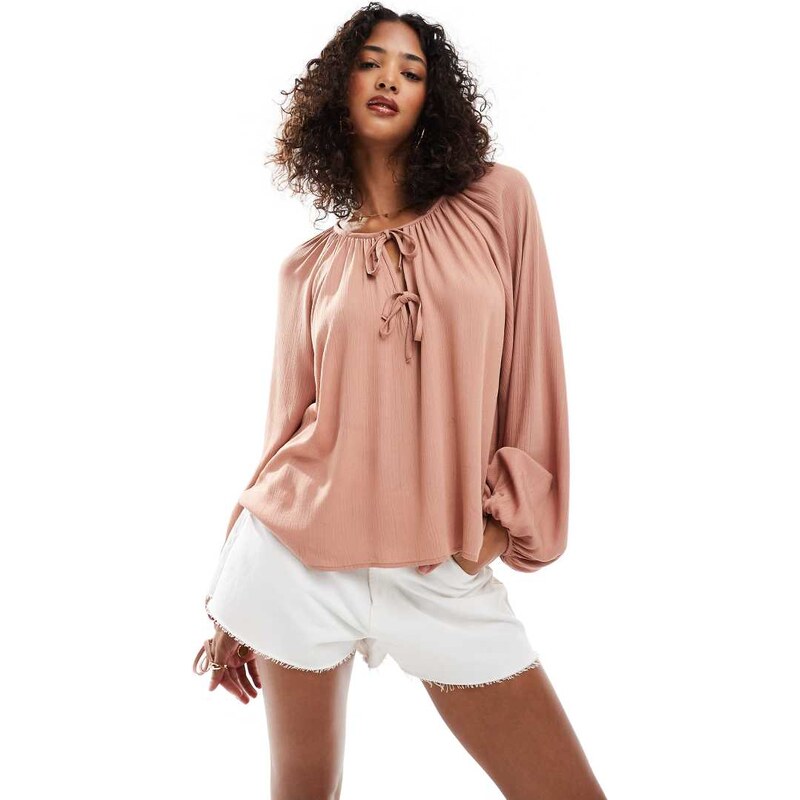 Miss Selfridge tie front balloon sleeve boho blouse in chocolate-Brown 105884863