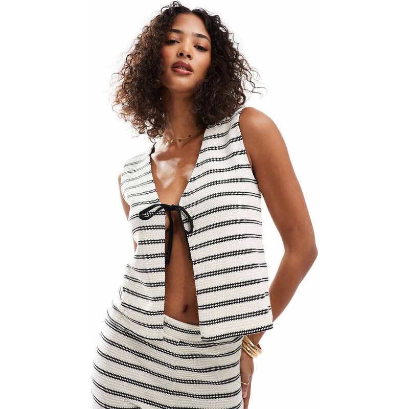 Pieces tie front crochet vest co-ord in mono stripe-Multi 105882638