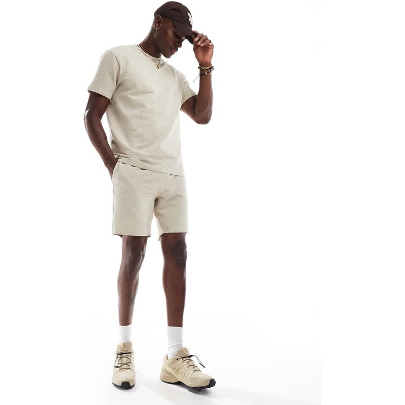 ONLY & SONS waffle short co-ord in cream-White