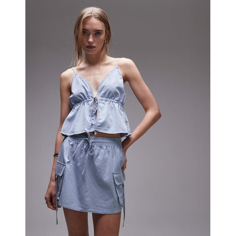 Rhythm dolly ruffle tie front top in blue 105882394