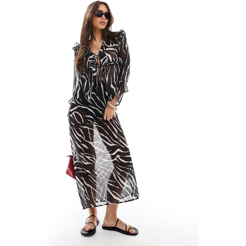 Esmee Exclusive sheer tie front beach skirt in zebra-Multi 112856685