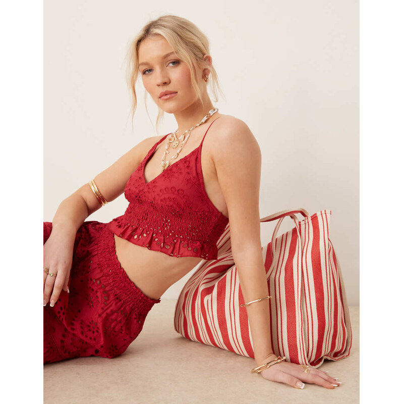 Iisla & Bird broderie v neck ruch beach top co-ord in cherry red 113260484
