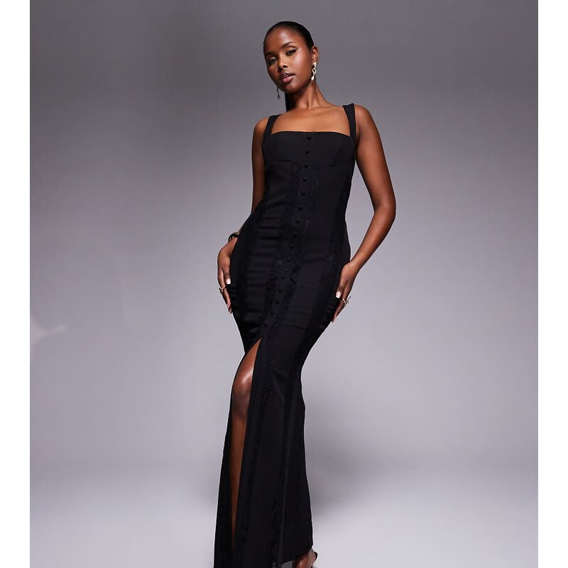 Murci exclusive square neck sheer lace panel maxi dress in black-White 109728605