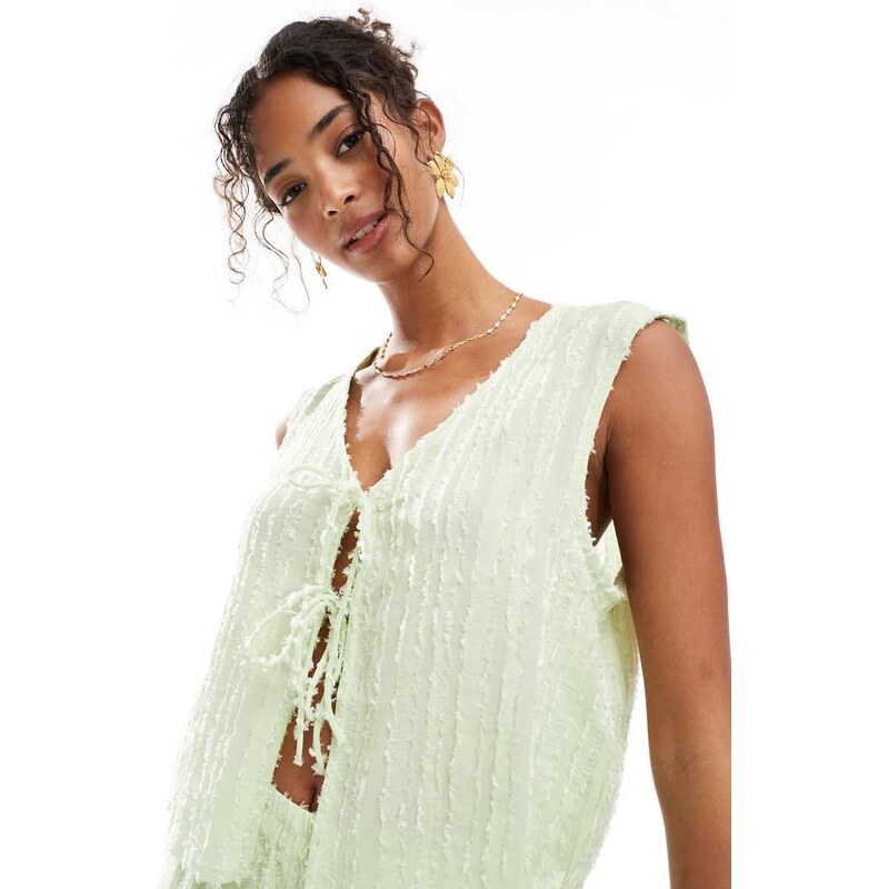 Pieces textured tie front sleeveless top co-ord in gleam green 105882634