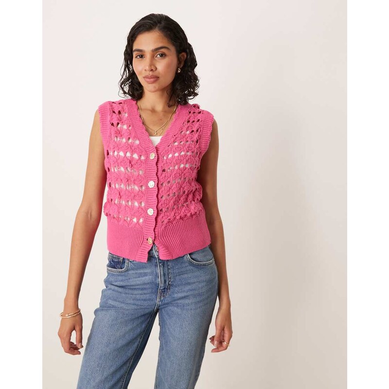 ASOS DESIGN crochet waistcoat with scallop trim and silver buttons in pink