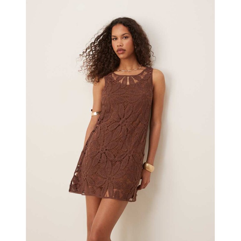 Mango cutwork crochet mini dress in chocolate-Brown 105882667