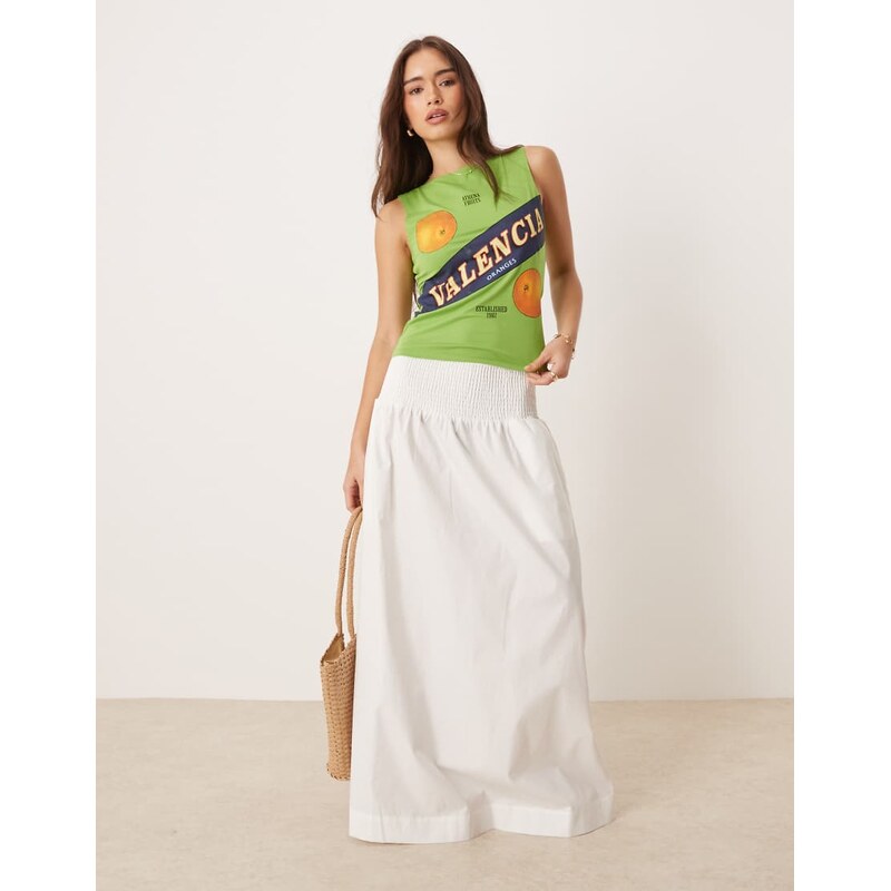 Vila shirred waistband poplin boho skirt in cream-White