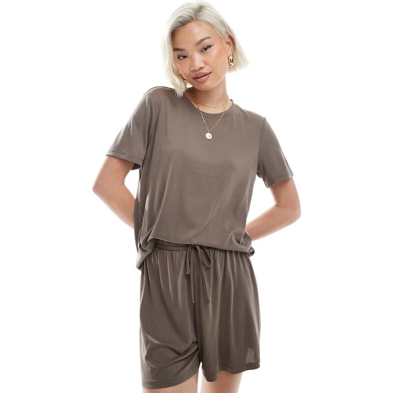 Pieces soft lightweight t-shirt co-ord in morel brown