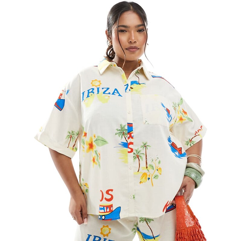 Pieces Plus Pieces Curve boxy fit shirt co-ord in cream based 105884051