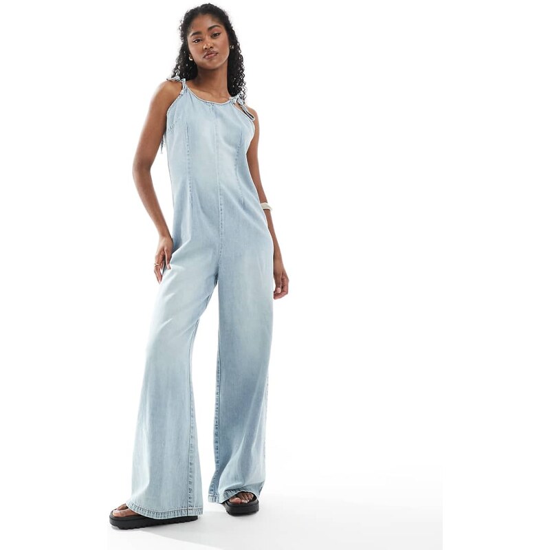 Monki lightweight denim halter neck jumpsuit in blue wash 105884174