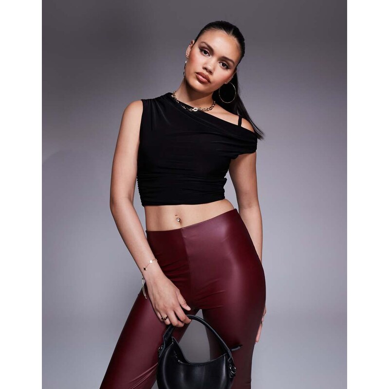 Missyempire double layered slinky twist shoulder detail top in black 109773939