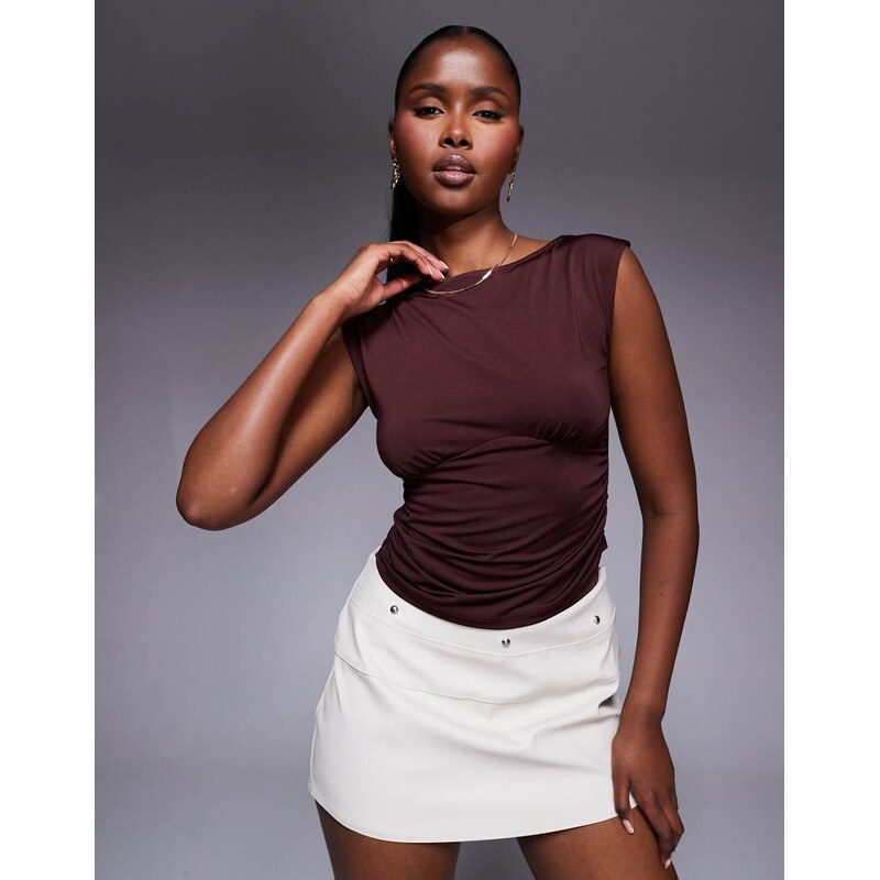 ASOS DESIGN boat neck under bust seam detail top in chocolate-Brown