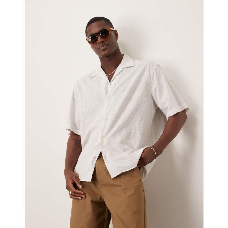 Selected revere collar linen blend shirt in white stripes