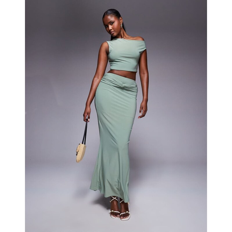 Missyempire double sculpted slinky knot front maxi skirt co-ord in 105981695