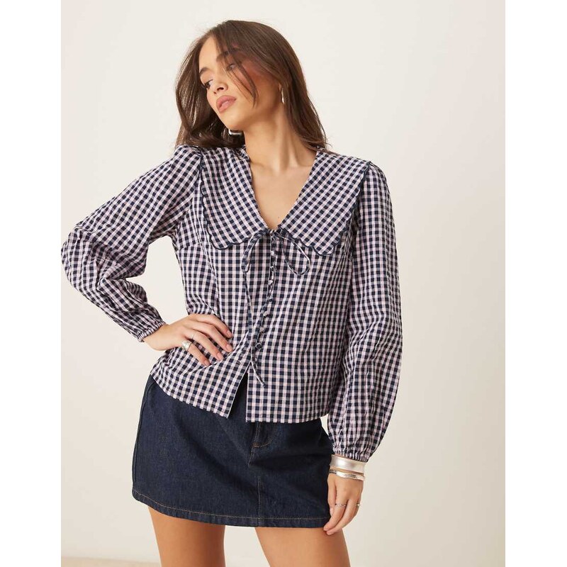 Nobodys Child Birdie blouse with scallop collar in mono gingham-Black 106025549