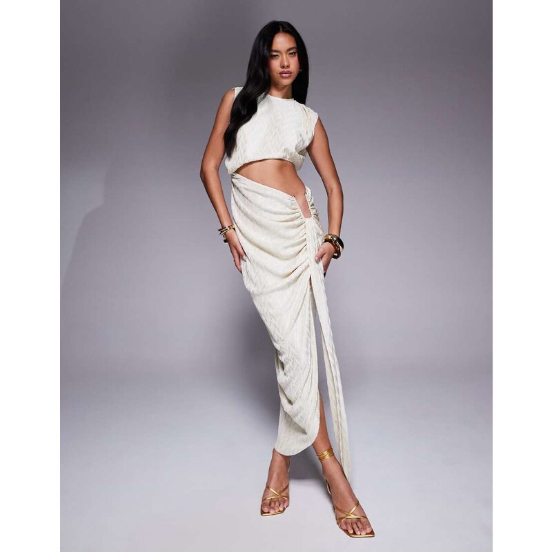 ASOS DESIGN metallic plisse midi dress with angular waist trim