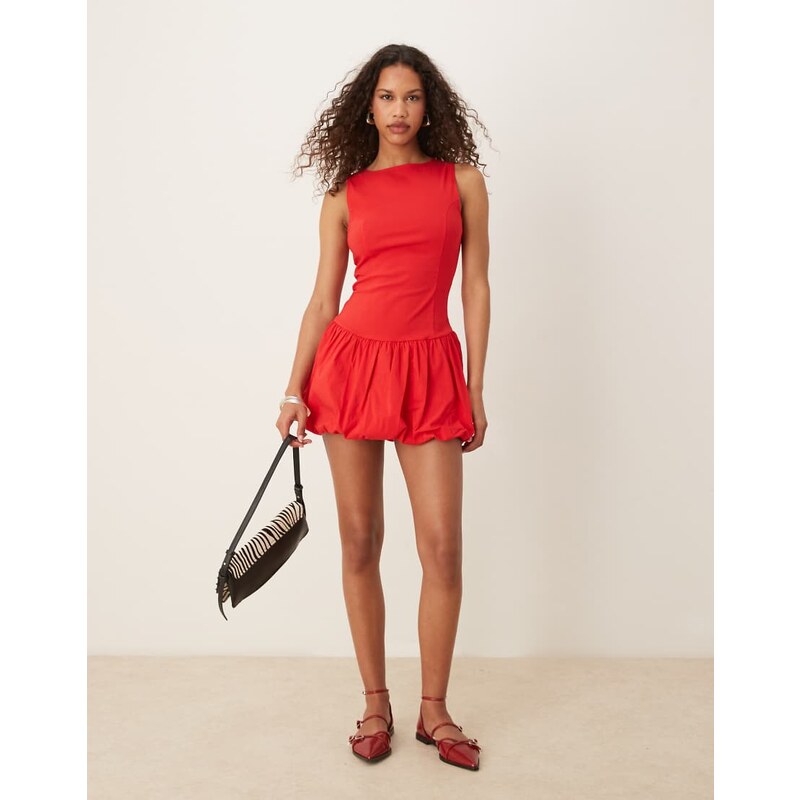 Mango round neck structured bodice puff hem mini dress in red 105885257